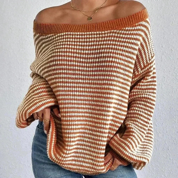 Orange Casual Women's Contrast Striped Print Off-Shoulder Long Sleeve Sweater - Picture 1 of 7